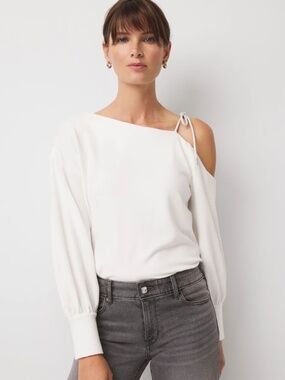 WHBM Tie-Detail Cold Shoulder Bell Sleeve Top Ecru Size S NWT